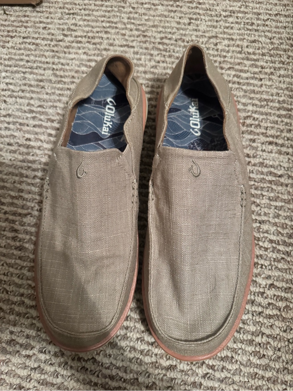 OluKai Men’s Slip-On Loafers in Taupe with Coral Trim